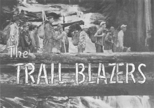Black and white photo of Trail Blazers on old bridge